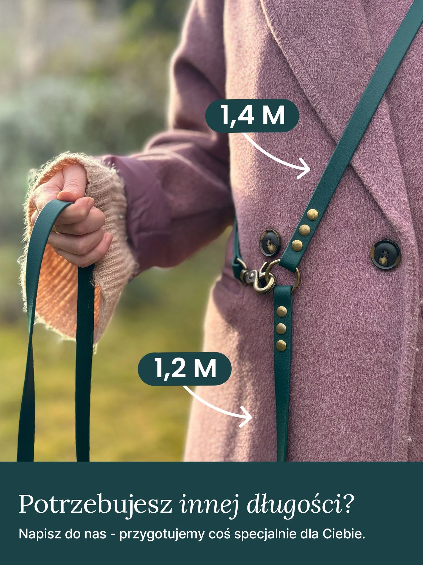 Green biothane dog leash with gold hardware on a white background zielona smycz z biothane hands-free idealna na spacer HOPSA