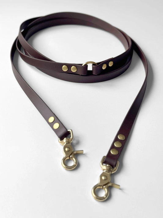 Brown biothane dog leash with gold hardware on a white background brązowa smycz z biothane hands-free idealna na spacer HOPSA