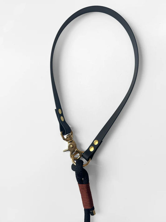 Smycz przepinana DUO: BioThane® & Lina PPM, Czarny z brązowymi akcentami, 2.91 m, 10 mm lina / 16 mm BioThane®