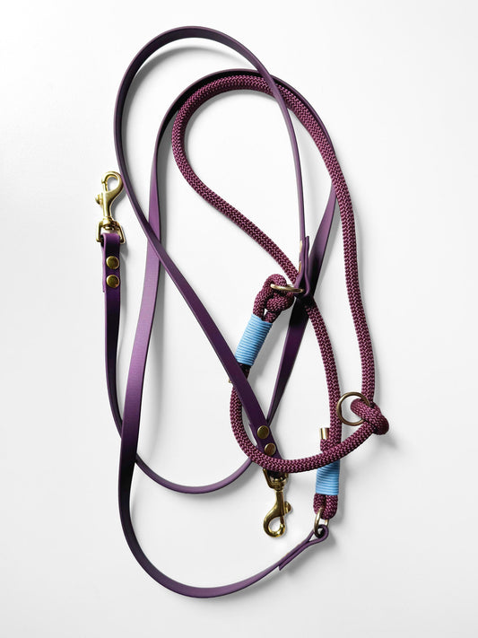 Smycz przepinana DUO: BioThane® & Lina PPM, Fioletowy z błękitnym 2,85 m