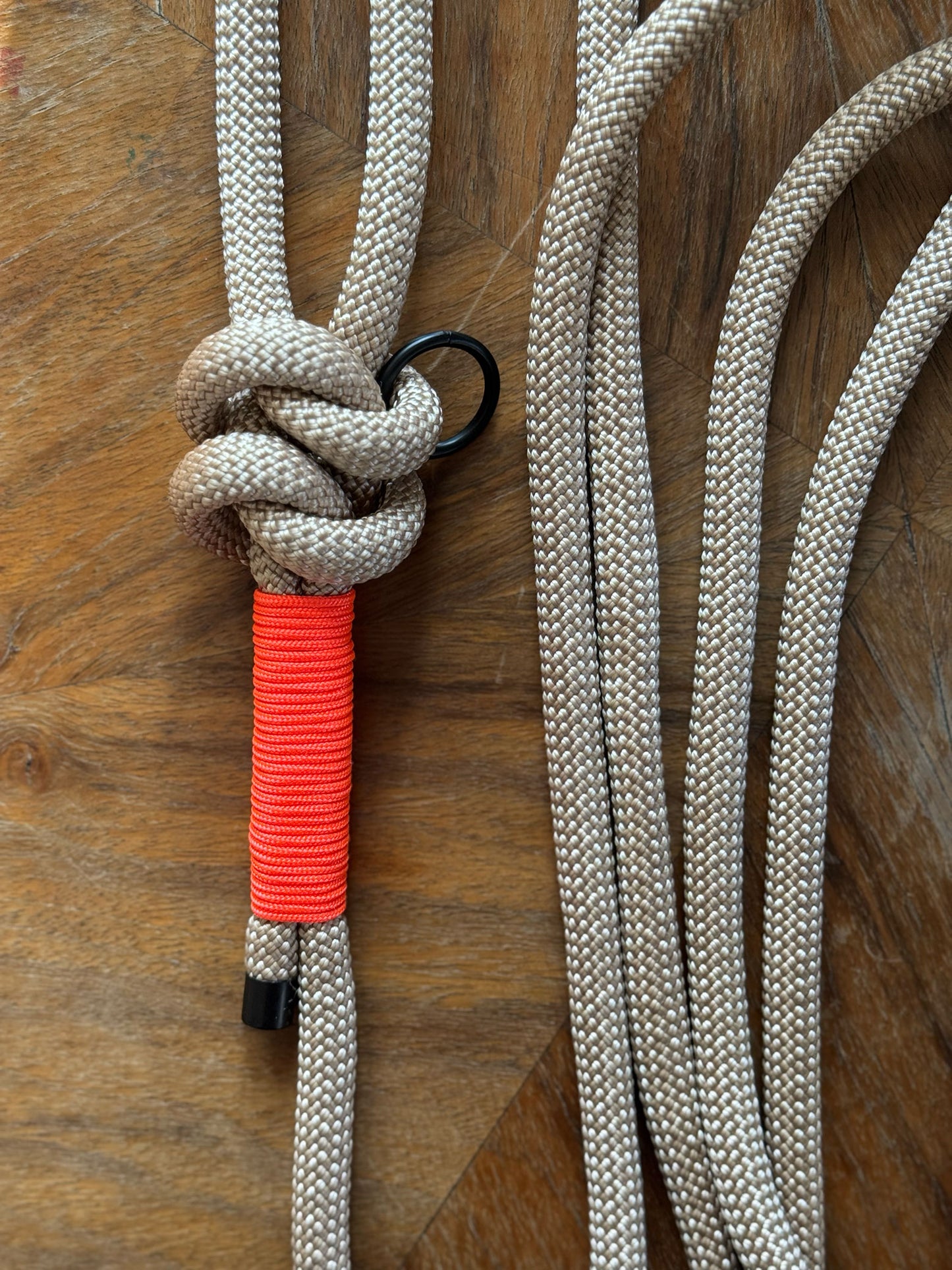 Smycz linowa 10 mm, 3 m, beżowa z pomarańczowymi akcentami