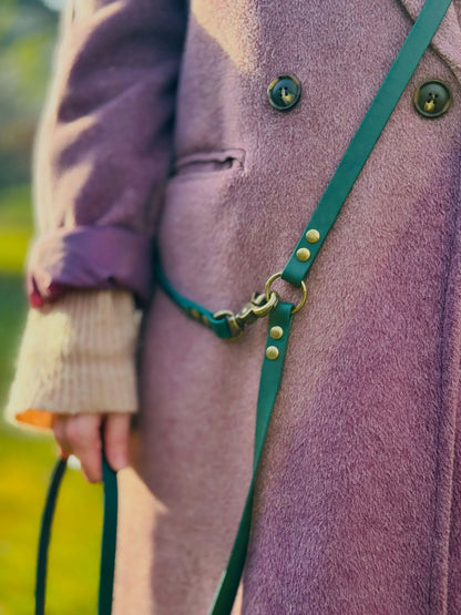 Green biothane dog leash with gold hardware on a white background zielona  smycz z biothane hands-free idealna na spacer HOPSA