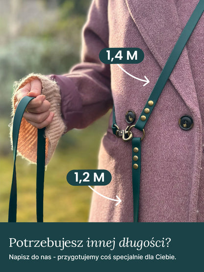 Green biothane dog leash with gold hardware on a white background zielona  smycz z biothane hands-free idealna na spacer HOPSA