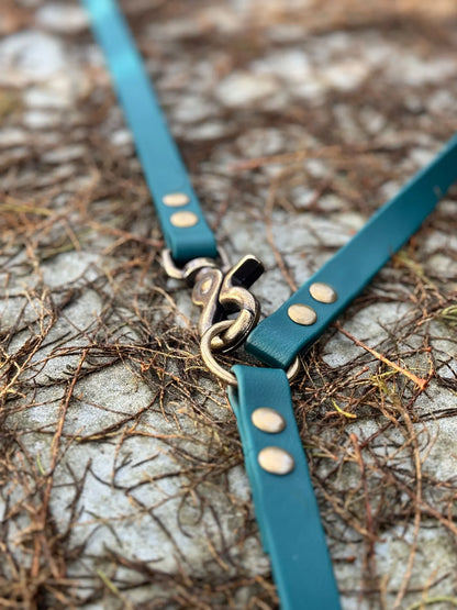 Green biothane dog leash with gold hardware on a white background zielona  smycz z biothane hands-free idealna na spacer HOPSA