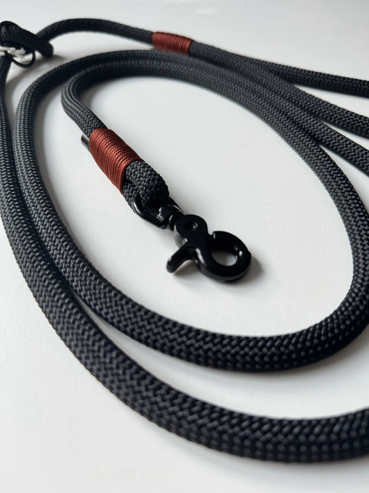 Smycz linowa 10 mm, 2 m, czarna z brązowymi akcentami