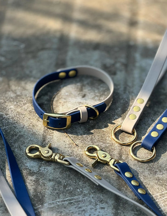 Obroża z Biothane dla psa z klamrą, Granat i ciepła szarość