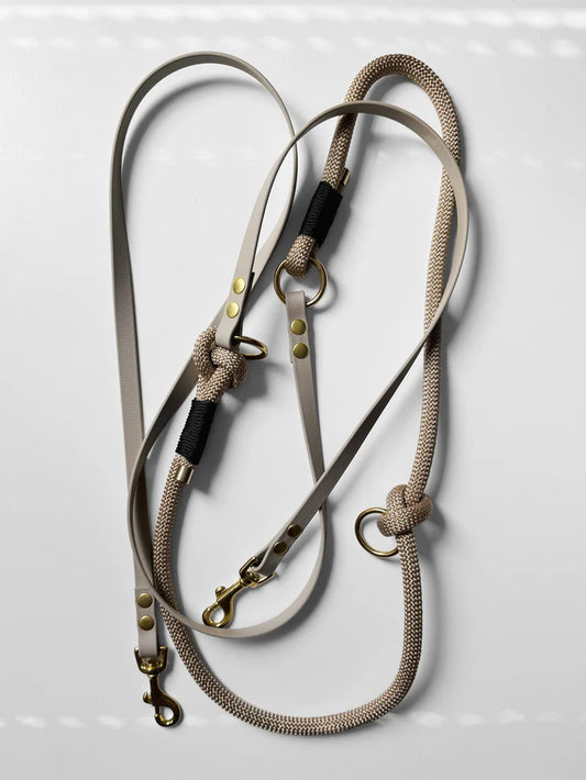 Smycz przepinana DUO: BioThane® & Lina PPM, Beżowy z czarnym, 2.70 m, 10 mm lina / 13 mm BioThane®