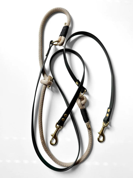 Smycz przepinana DUO: BioThane® & Lina PPM, Czarny z beżowym, 2.80 m, 10 mm lina / 16 mm BioThane®