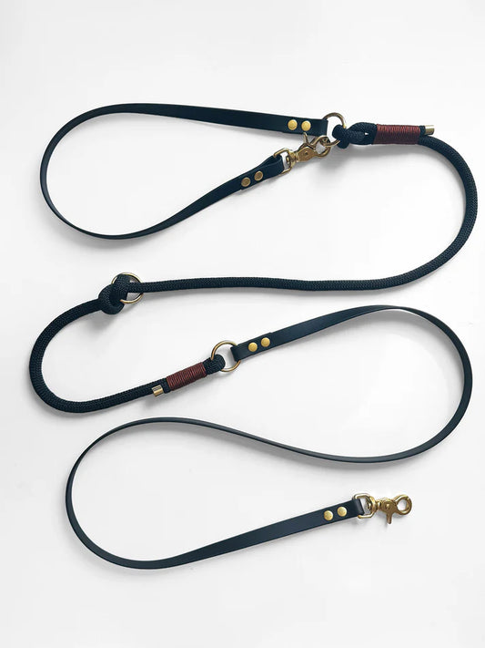 Smycz przepinana DUO: BioThane® & Lina PPM, Czarny z brązowymi akcentami, 2.91 m, 10 mm lina / 16 mm BioThane®