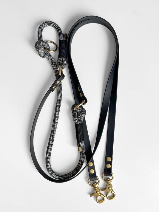 Smycz przepinana DUO: BioThane® & Lina PPM, Czarny i szary mix, 2.63 m, 10 mm lina / 16 mm BioThane®