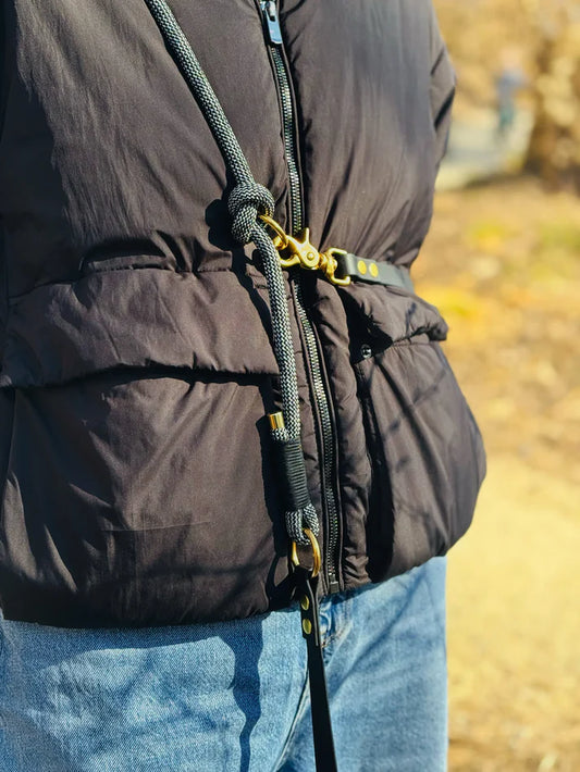 Smycz przepinana DUO: BioThane® & Lina PPM, Czarny i szary mix, 2.63 m, 10 mm lina / 16 mm BioThane®