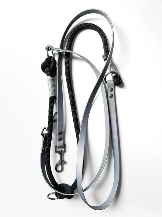 Smycz przepinana DUO: BioThane® & Lina PPM, Srebrny z czarnym, 2.95 m, 10 mm lina / 16 mm BioThane®