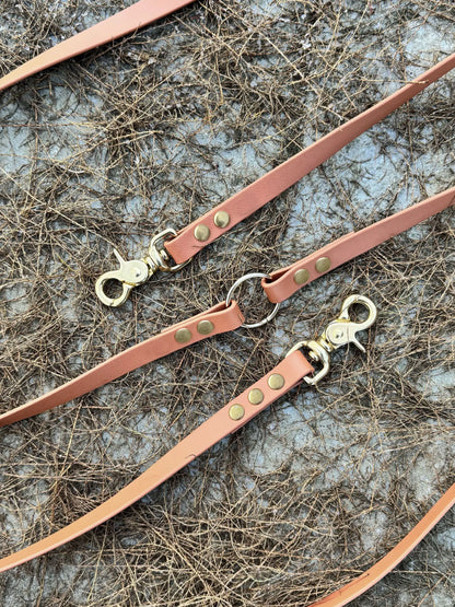 Brown biothane dog leash with gold hardware on a white background brązowa  smycz z biothane hands-free idealna na spacer HOPSA