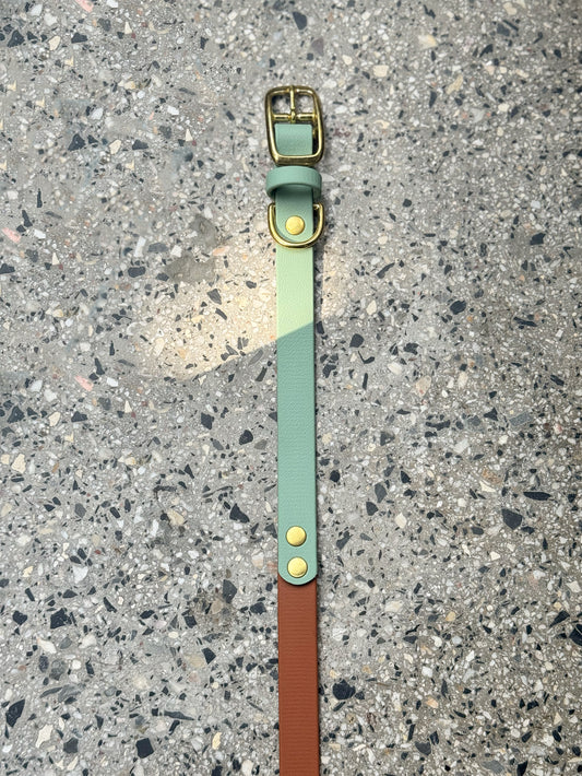 Obroża z Biothane z klamrą, Szałwia i Jasny brąz, 19 mm, 33,5-39,5 cm